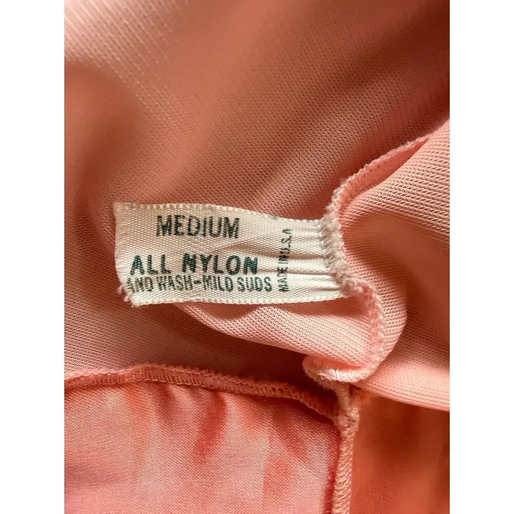 Vintage Gossard Artemis Nylon Peachy Colorblock Robe 1970s Satin Trim Medium